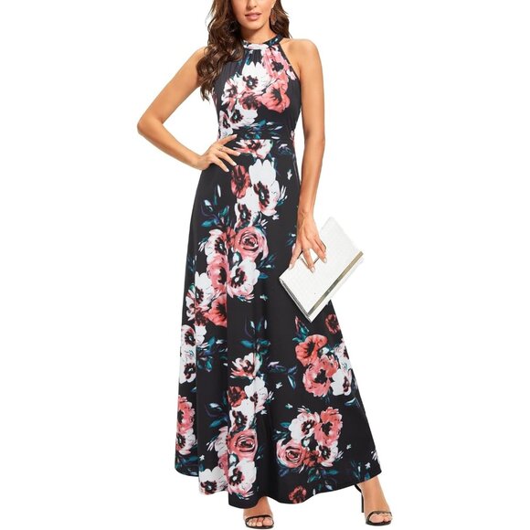 🆕Women  Orange Polyester Floral Halter Neck Maxi Dress Wedding Beach Party 2025 - Picture 1 of 6